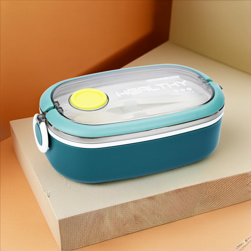 Stainless Steel & Plastic Lunch Box with Fork and Spoon, Single Compartment