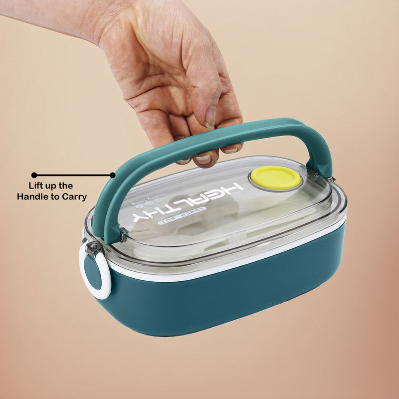 Stainless Steel & Plastic Lunch Box with Fork and Spoon, Single Compartment