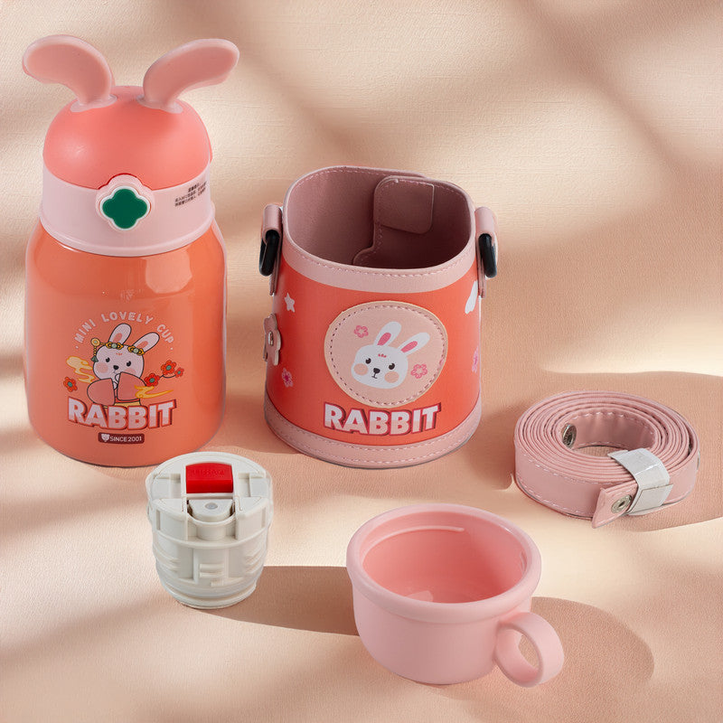 Rabbit Stainless Steel kids sipper water bottle with strap, cup and cover